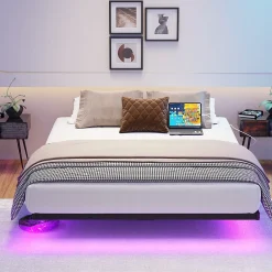 Redom Lit 120x200 cm effet flottant avec éclairage LED et station de charge intégrée, finition noir* Lit Simple