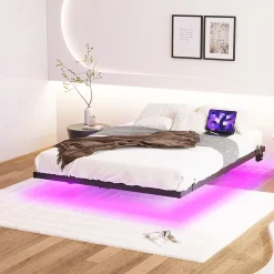 Redom Lit 120x200 cm effet flottant avec éclairage LED et station de charge intégrée, finition noir* Lit Simple