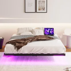 Redom Lit 120x200 cm effet flottant avec éclairage LED et station de charge intégrée, finition noir* Lit Simple