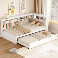 Redom Lit 140x200 cm en bois massif blanc avec rangement intégré et prise USB, design contemporain* Lit Gigogne