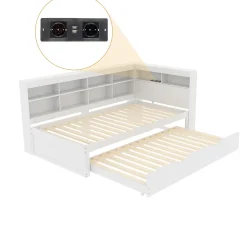 Redom Lit 140x200 cm en bois massif blanc avec rangement intégré et prise USB, design contemporain* Lit Gigogne