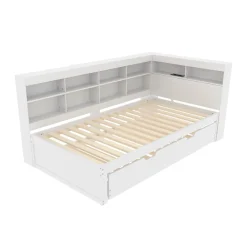 Redom Lit 140x200 cm en bois massif blanc avec rangement intégré et prise USB, design contemporain* Lit Gigogne