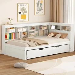 Redom Lit 140x200 cm en bois massif blanc avec rangement intégré et prise USB, design contemporain* Lit Gigogne