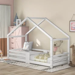 Lit 90x200 cm en bois massif blanc, forme maison avec cheminée, barrières anti-chute 4 côtés et lattes rigides>Redom Outlet