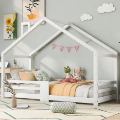 Lit 90x200 cm en bois massif blanc, forme maison avec cheminée, barrières anti-chute 4 côtés et lattes rigides><noscript><img width=