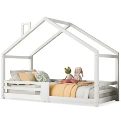 Lit 90x200 cm en bois massif blanc, forme maison avec cheminée, barrières anti-chute 4 côtés et lattes rigides><noscript><img width=