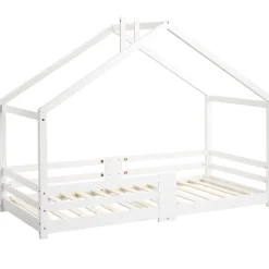 Lit 90x200 cm en bois massif blanc, forme maison avec cheminée, barrières anti-chute 4 côtés et lattes rigides><noscript><img width=