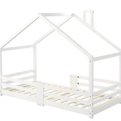 Lit 90x200 cm en bois massif blanc, forme maison avec cheminée, barrières anti-chute 4 côtés et lattes rigides><noscript><img width=