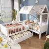 Redom Lit 90x200 cm en bois massif forme maison avec rangement intégré et tiroirs, coloris blanc*Enfant Lit Enfant