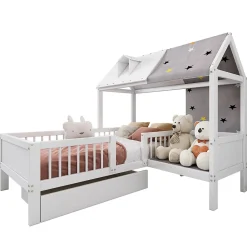 Redom Lit 90x200 cm en bois massif forme maison avec rangement intégré et tiroirs, coloris blanc*Enfant Lit Enfant