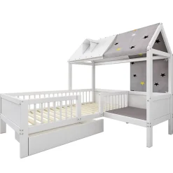Redom Lit 90x200 cm en bois massif forme maison avec rangement intégré et tiroirs, coloris blanc*Enfant Lit Enfant