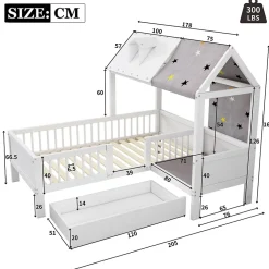 Redom Lit 90x200 cm en bois massif forme maison avec rangement intégré et tiroirs, coloris blanc*Enfant Lit Enfant