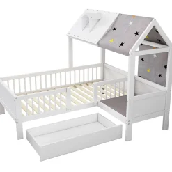 Redom Lit 90x200 cm en bois massif forme maison avec rangement intégré et tiroirs, coloris blanc*Enfant Lit Enfant