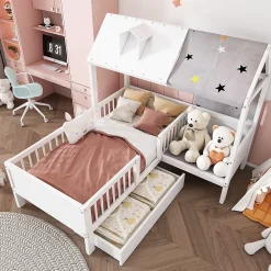 Redom Lit 90x200 cm en bois massif forme maison avec rangement intégré et tiroirs, coloris blanc*Enfant Lit Enfant