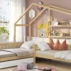 Redom Lit 90x200 cm en bois massif façon maisonnette, structure en L avec tiroirs et étagères, finition naturel*Enfant Lit Enfant