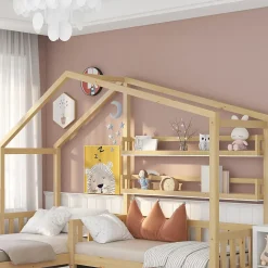 Redom Lit 90x200 cm en bois massif façon maisonnette, structure en L avec tiroirs et étagères, finition naturel*Enfant Lit Enfant