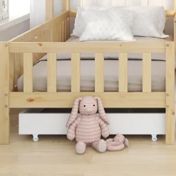 Redom Lit 90x200 cm en bois massif façon maisonnette, structure en L avec tiroirs et étagères, finition naturel*Enfant Lit Enfant