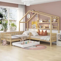 Redom Lit 90x200 cm en bois massif façon maisonnette, structure en L avec tiroirs et étagères, finition naturel*Enfant Lit Enfant