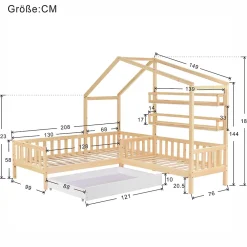 Redom Lit 90x200 cm en bois massif façon maisonnette, structure en L avec tiroirs et étagères, finition naturel*Enfant Lit Enfant