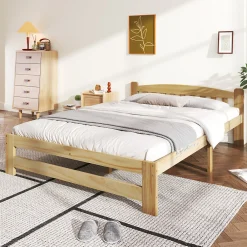Lit 140x200 cm en bois massif naturel avec tête de lit et sommier à lattes, lit futon solide pour adolescents et adultes>ProximaX Sale
