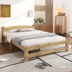 Lit 140x200 cm en bois massif naturel avec tête de lit et sommier à lattes, lit futon solide pour adolescents et adultes>ProximaX Sale