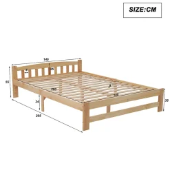 Lit 140x200 cm en bois massif naturel avec tête de lit et sommier à lattes, lit futon solide pour adolescents et adultes><noscript><img width=