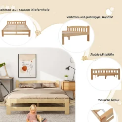 Lit 140x200 cm en bois massif naturel avec tête de lit et sommier à lattes, lit futon solide pour adolescents et adultes><noscript><img width=