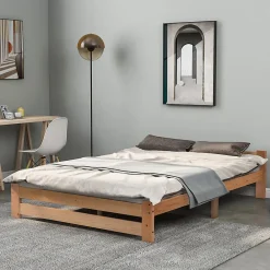 Lit 140x200 cm en bois massif naturel avec tête de lit, design épuré et finition personnalisable><noscript><img width=