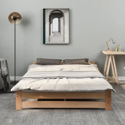 Lit 140x200 cm en bois massif naturel avec tête de lit, design épuré et finition personnalisable><noscript><img width=
