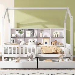 Lit 90x200 cm en bois massif style scandinave en forme de maison avec 2 tiroirs de rangement blanc>Redom Clearance