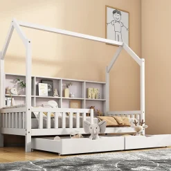 Lit 90x200 cm en bois massif style scandinave en forme de maison avec 2 tiroirs de rangement blanc>Redom Clearance