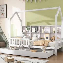 Lit 90x200 cm en bois massif style scandinave en forme de maison avec 2 tiroirs de rangement blanc><noscript><img width=