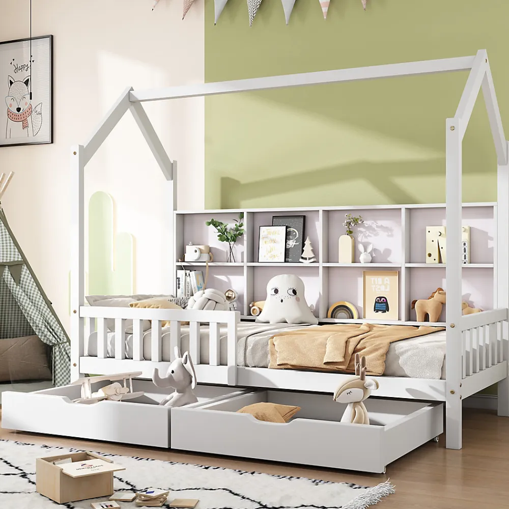Lit 90x200 cm en bois massif style scandinave en forme de maison avec 2 tiroirs de rangement blanc>Redom Clearance
