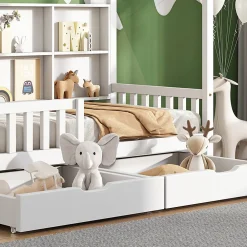 Lit 90x200 cm en bois massif style scandinave en forme de maison avec 2 tiroirs de rangement blanc><noscript><img width=