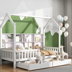 Lit 90x200 cm en bois massif style scandinave en forme de maison avec 2 tiroirs de rangement blanc><noscript><img width=
