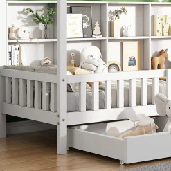 Lit 90x200 cm en bois massif style scandinave en forme de maison avec 2 tiroirs de rangement blanc><noscript><img width=
