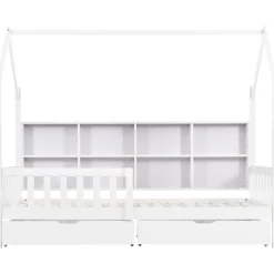 Lit 90x200 cm en bois massif style scandinave en forme de maison avec 2 tiroirs de rangement blanc><noscript><img width=