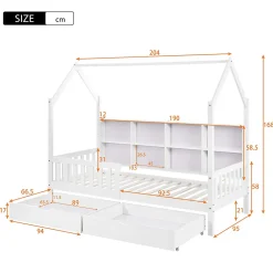 Lit 90x200 cm en bois massif style scandinave en forme de maison avec 2 tiroirs de rangement blanc><noscript><img width=
