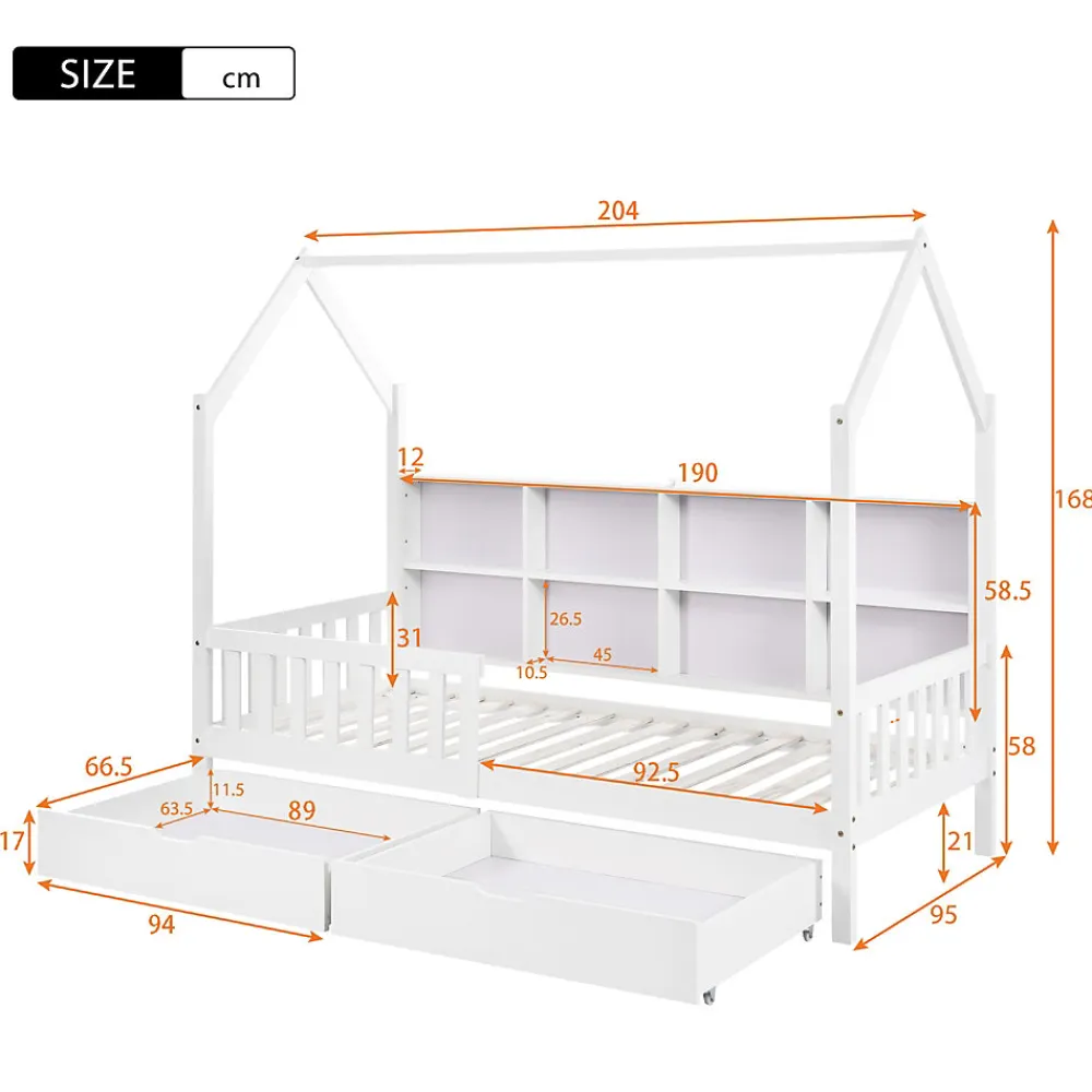 Lit 90x200 cm en bois massif style scandinave en forme de maison avec 2 tiroirs de rangement blanc>Redom Clearance