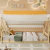 Lit 90x200 cm en bois massif style maison avec tente amovible et barrières de sécurité, finition blanc/naturel>Redom Sale