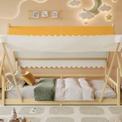 Lit 90x200 cm en bois massif style maison avec tente amovible et barrières de sécurité, finition blanc/naturel>Redom Sale