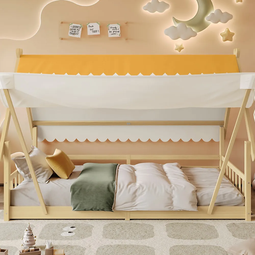 Lit 90x200 cm en bois massif style maison avec tente amovible et barrières de sécurité, finition blanc/naturel>Redom Sale