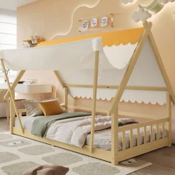 Lit 90x200 cm en bois massif style maison avec tente amovible et barrières de sécurité, finition blanc/naturel><noscript><img width=