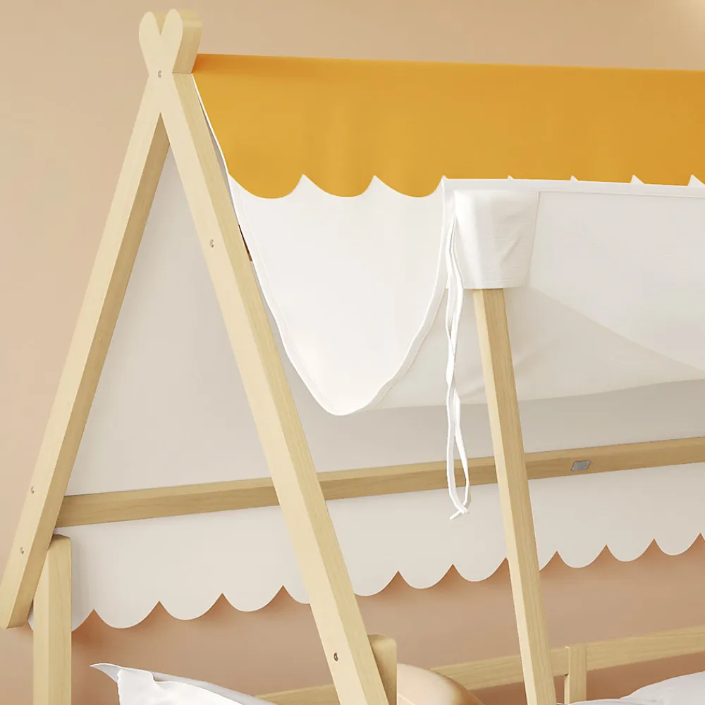 Lit 90x200 cm en bois massif style maison avec tente amovible et barrières de sécurité, finition blanc/naturel>Redom Sale
