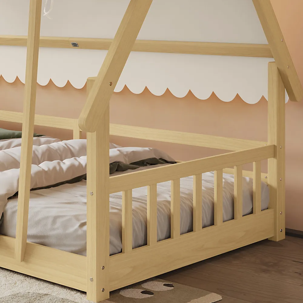 Lit 90x200 cm en bois massif style maison avec tente amovible et barrières de sécurité, finition blanc/naturel>Redom Sale