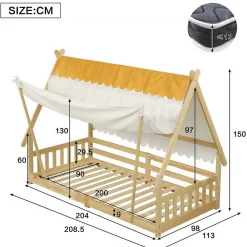 Lit 90x200 cm en bois massif style maison avec tente amovible et barrières de sécurité, finition blanc/naturel><noscript><img width=