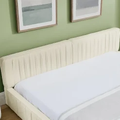 Redom Lit 140x200 cm en chenille beige avec plis décoratifs, structure bois d'eucalyptus et cadre métal solide* Lit Double