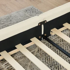 Redom Lit 140x200 cm en chenille beige avec plis décoratifs, structure bois d'eucalyptus et cadre métal solide* Lit Double