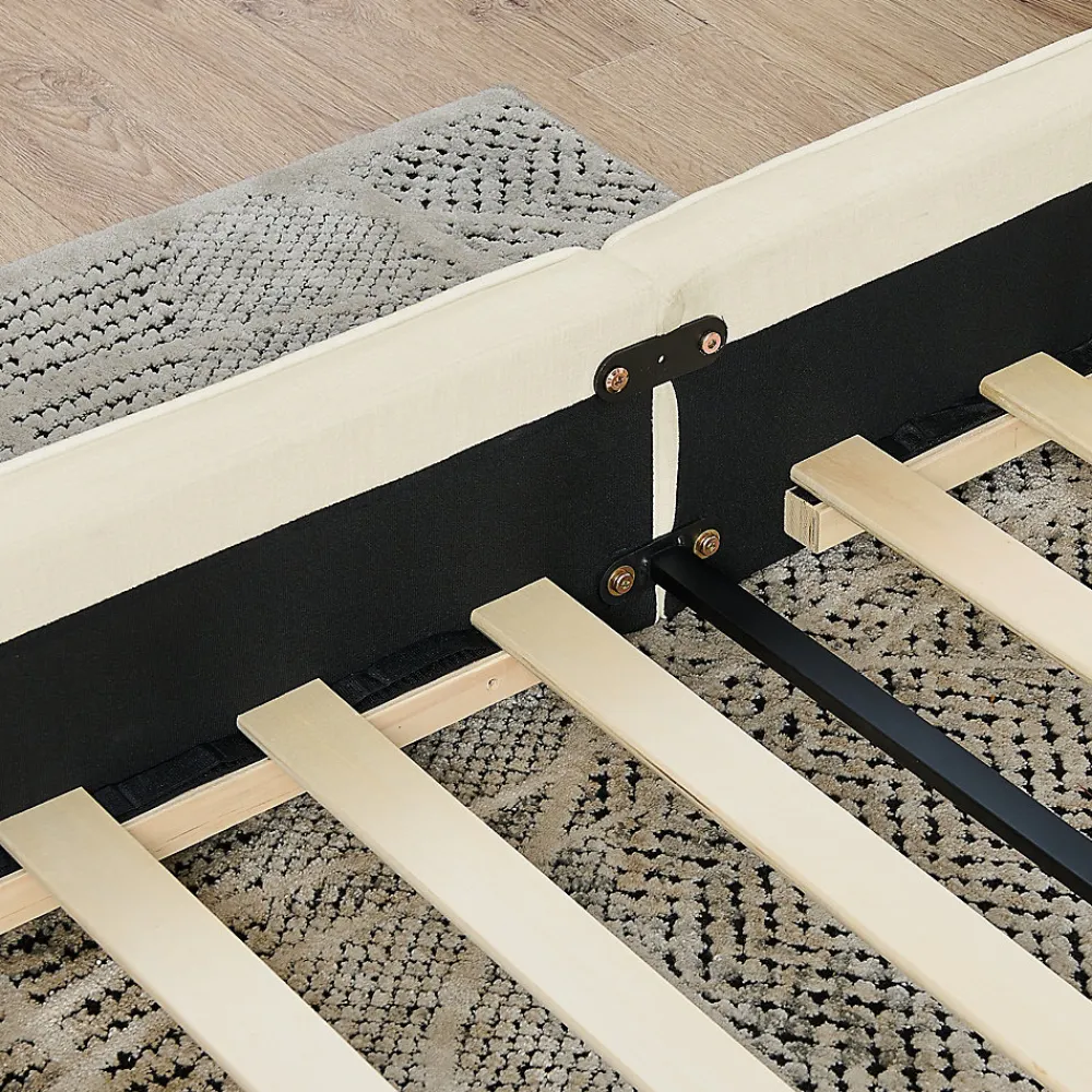 Redom Lit 140x200 cm en chenille beige avec plis décoratifs, structure bois d'eucalyptus et cadre métal solide* Lit Double