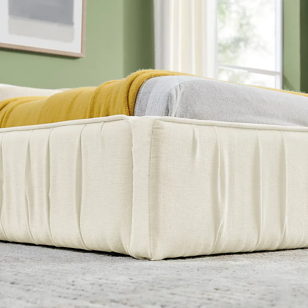 Redom Lit 140x200 cm en chenille beige avec plis décoratifs, structure bois d'eucalyptus et cadre métal solide* Lit Double